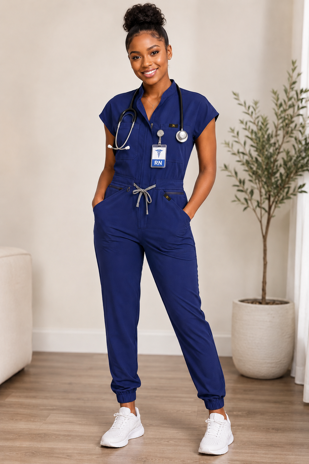 Women's Scrub Jumpsuit in Navy - flat lay front