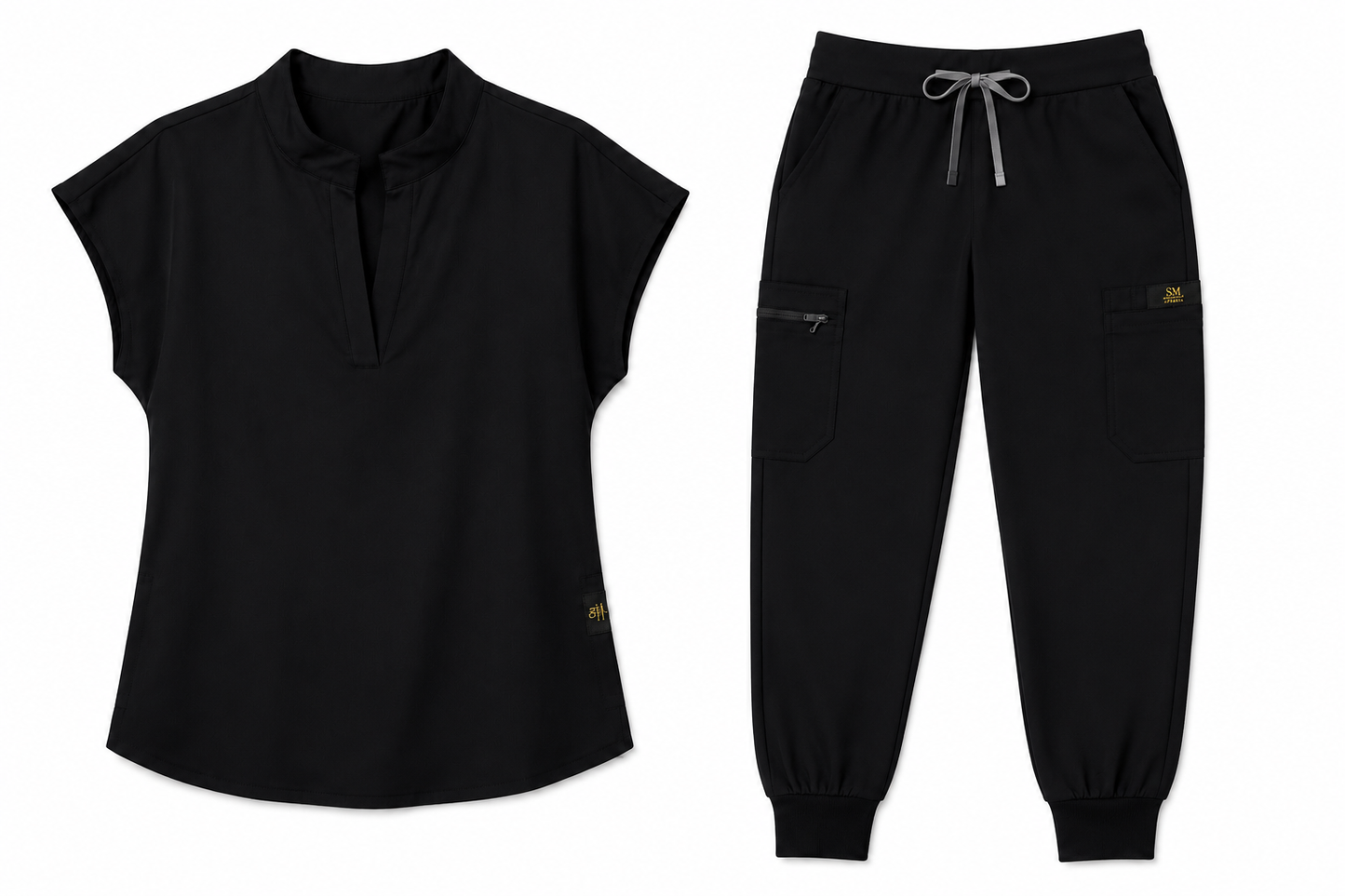 Women's Scrub Set in Black - flat lay top and pants