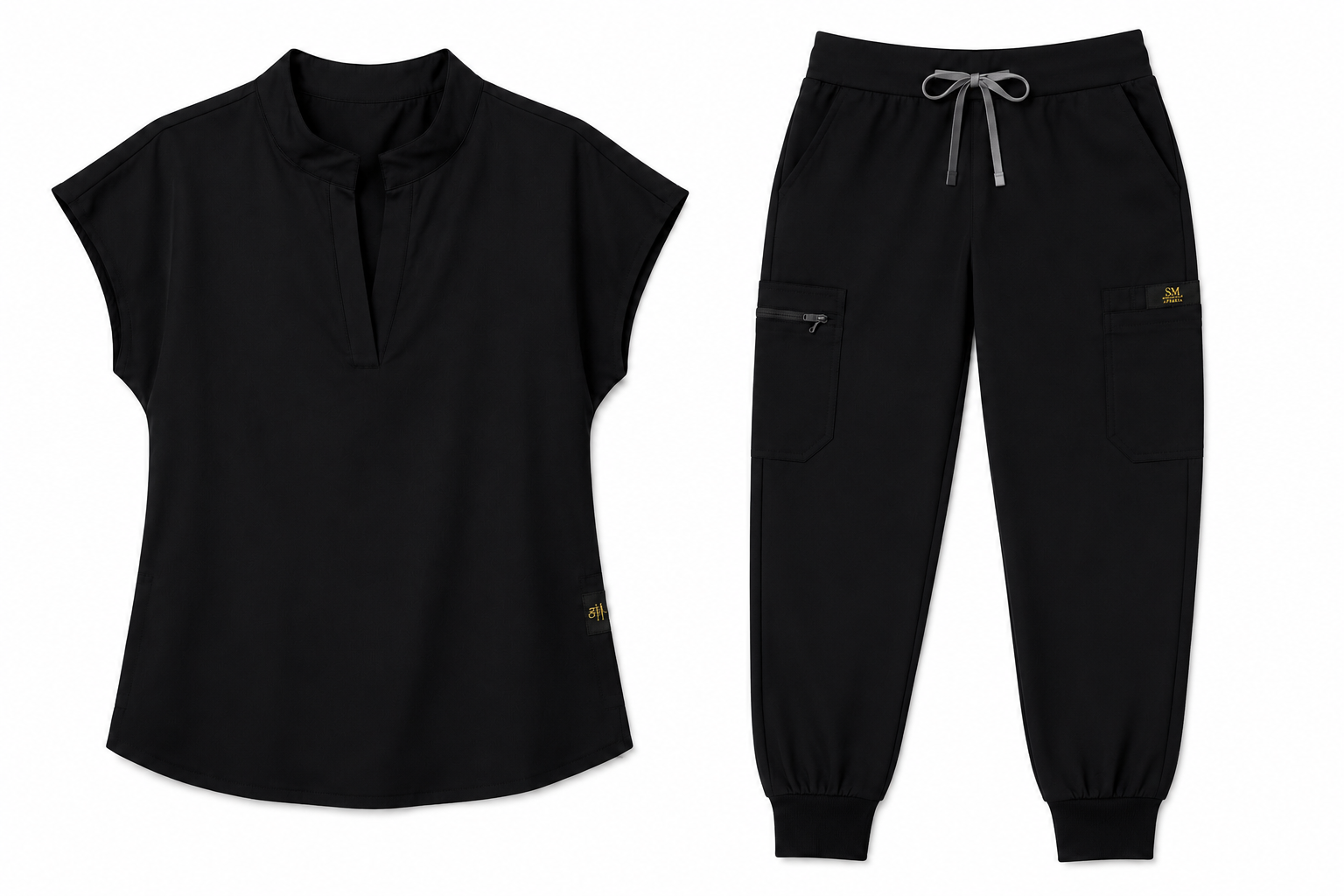 Women's Scrub Set in Black - flat lay top and pants