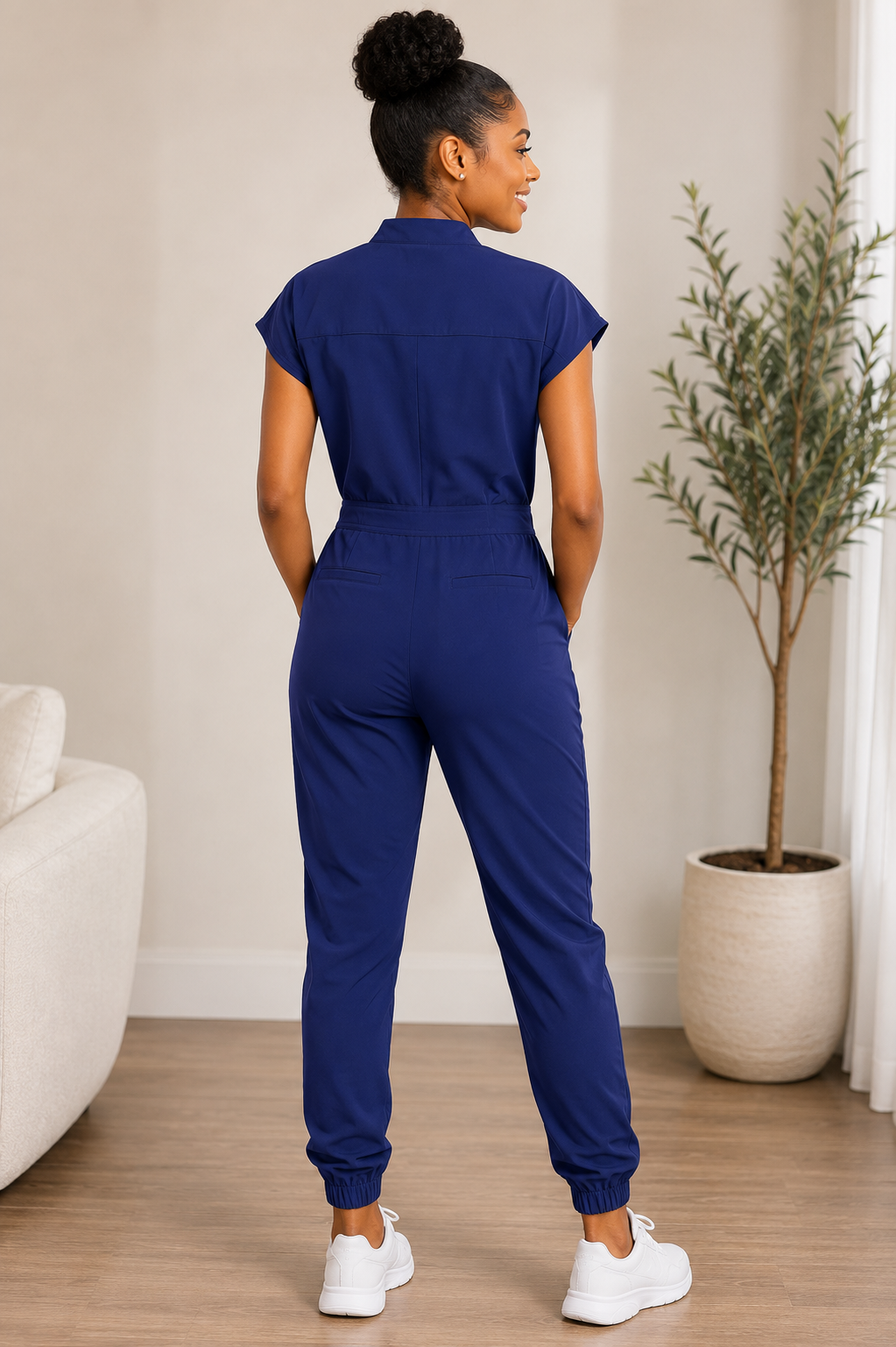 Women's Scrub Jumpsuit in Black - flat lay front