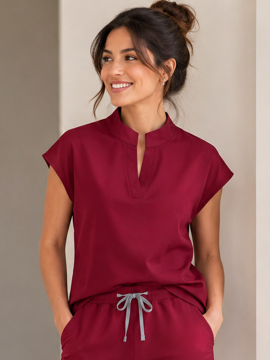 Women's Scrub Set in Burgundy - on model front view