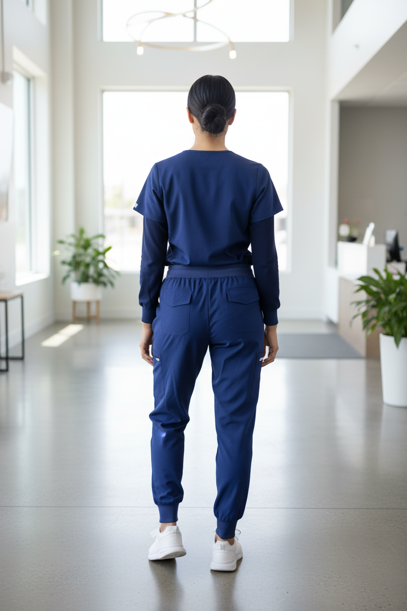 Navy Scrub Pants - Back View with Flap Pockets